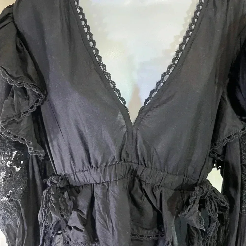 Farm Rio Black Lace Sleeve Ruffled Blouse (Size S) - Picture 6 of 13